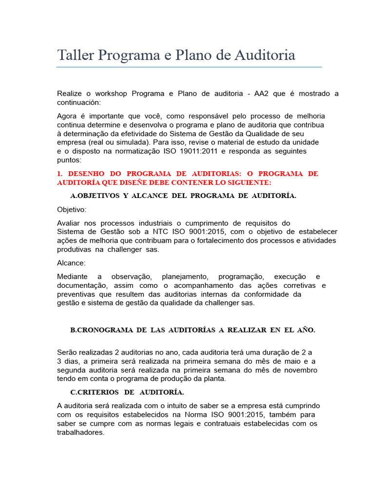 Programa e Plano de Auditoria ISO 9001 | PDF | Gestão de qualidade ...