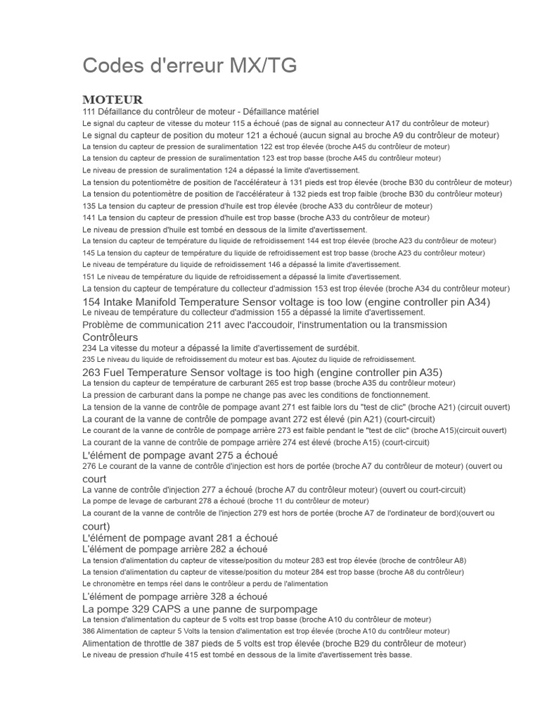 Codes d'erreur moteur et diagnostics | PDF | Inducteur | Injection (moteur)