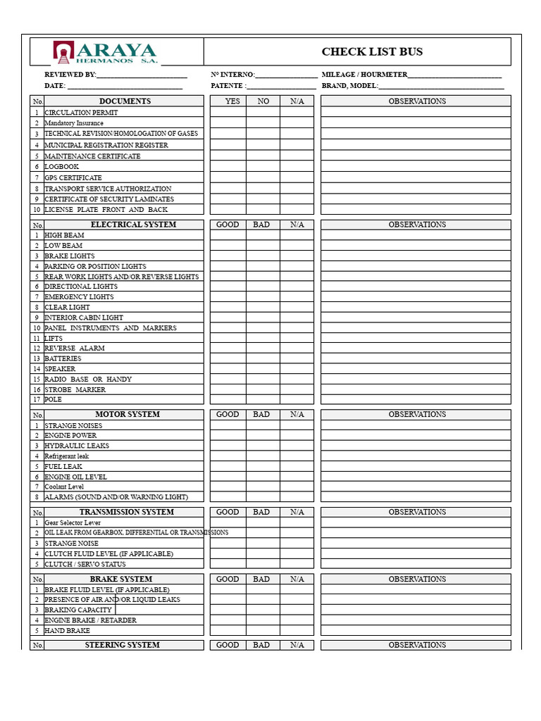 Bus Safety and Maintenance Checklist | PDF | Truck | Steering