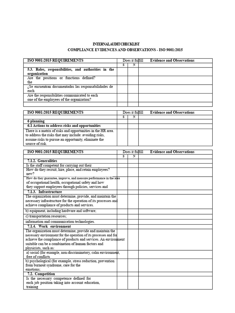 ISO 9001:2015 Internal Audit Checklist | PDF | Risk | Regulatory Compliance