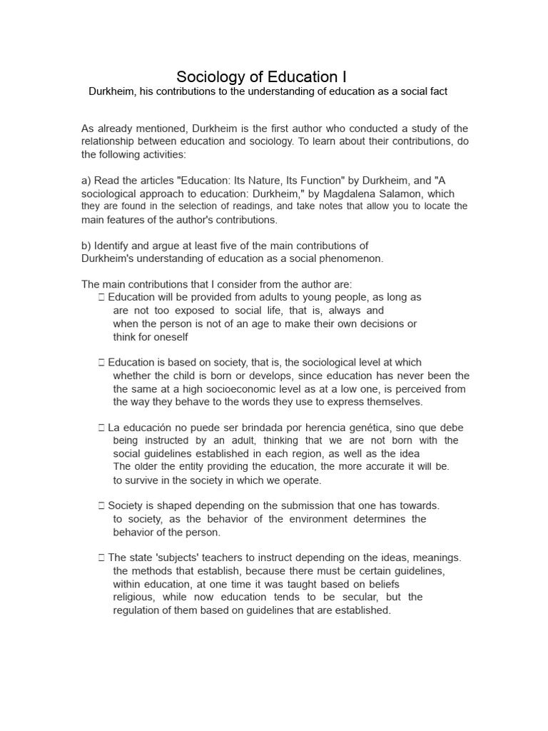 Durkheim's Contributions to Education Sociology | PDF | Émile Durkheim ...