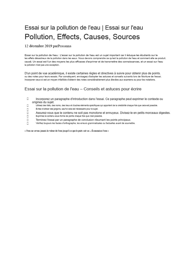 Essai sur la pollution de l'eau : Causes et effets | PDF | Pollution de ...