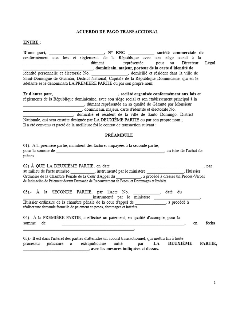 Accord de Paiement Transactionnel | PDF