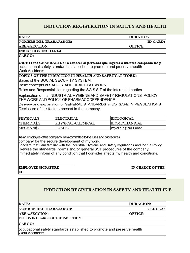 Safety and Health Induction Registration | PDF | Occupational Safety ...