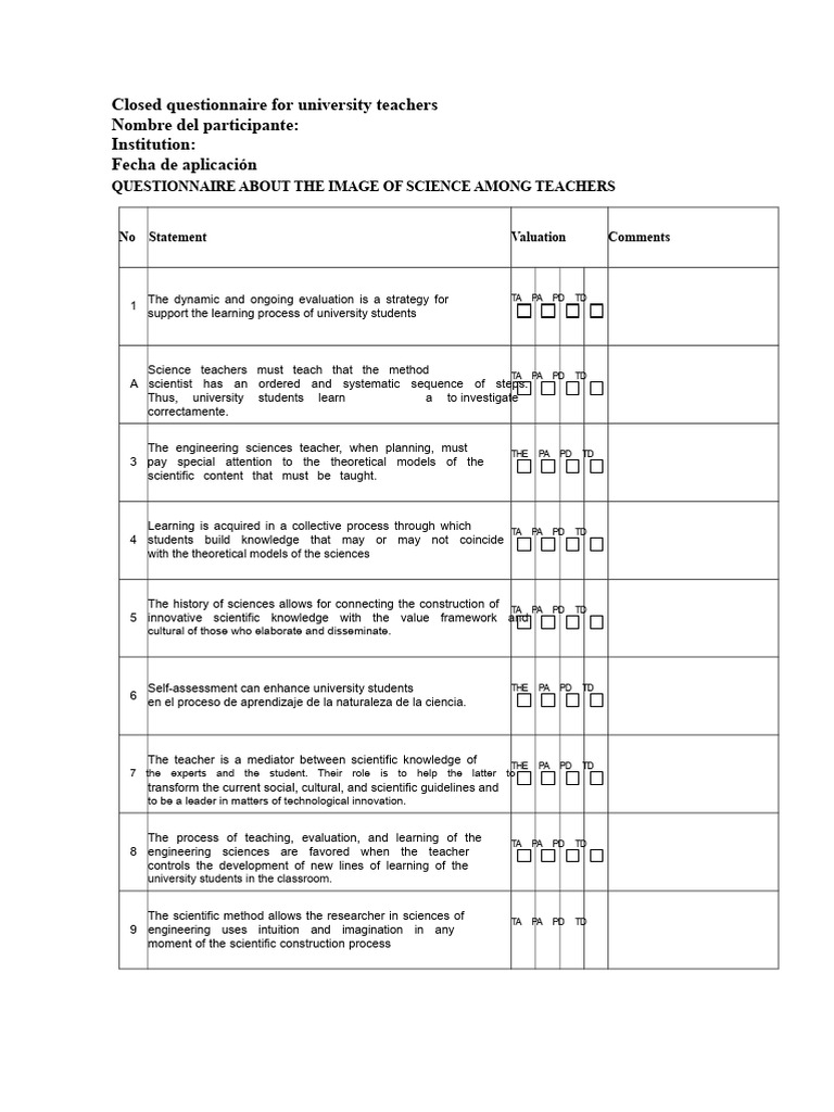 University Teachers' Science Questionnaire | PDF | Science | Theory