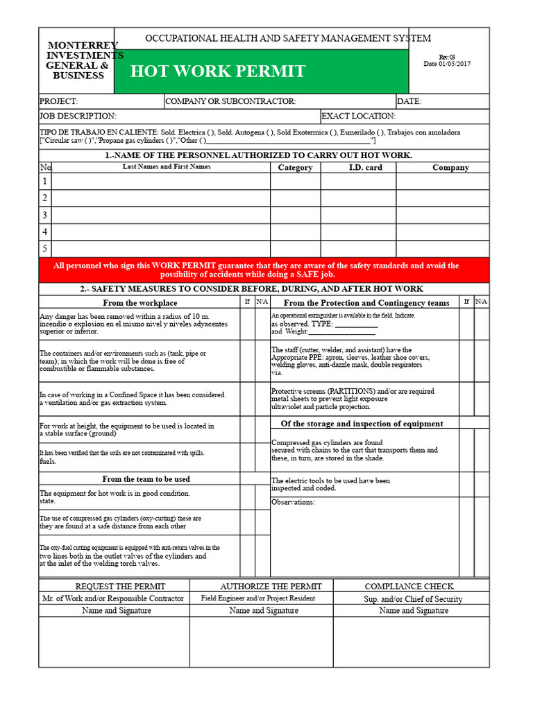 Hot Work Permit-1 | PDF | Safety | Occupational Safety And Health