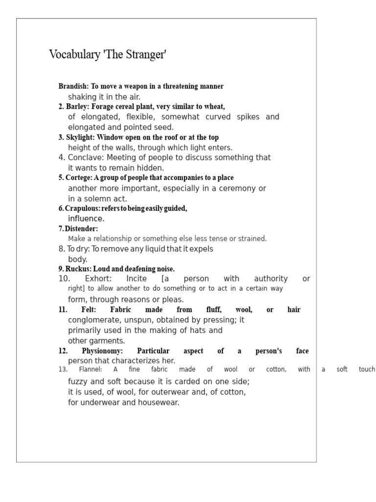 Vocabulary Terms from 'The Stranger' | PDF | Sausage