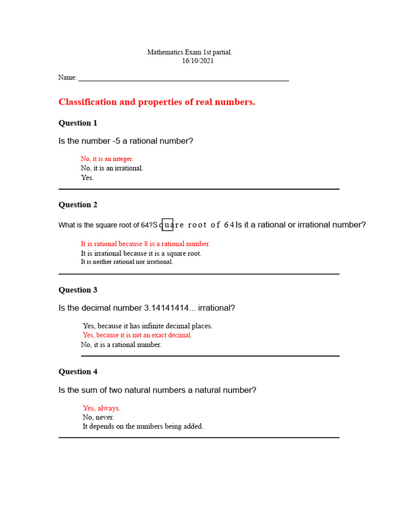 Math Exam 1st Partial | PDF | Numbers | Rational Number