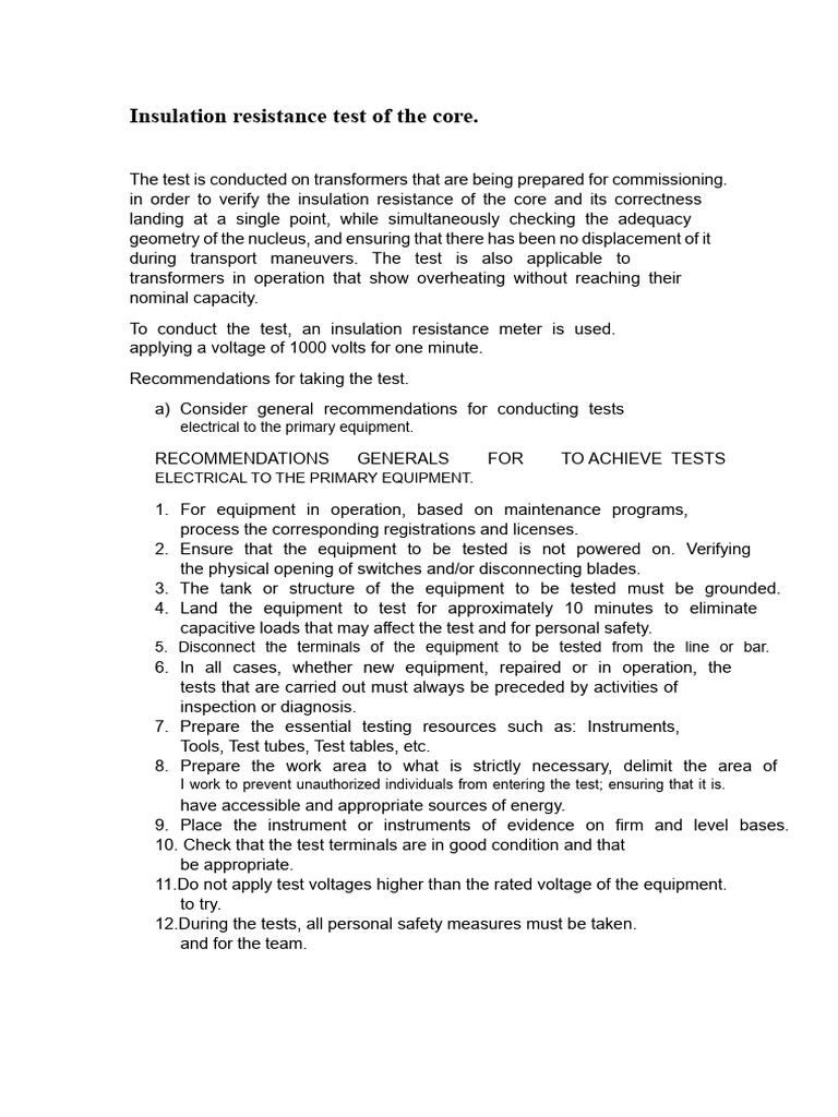 Insulation Resistance Testing for Transformers | PDF | Transformer ...