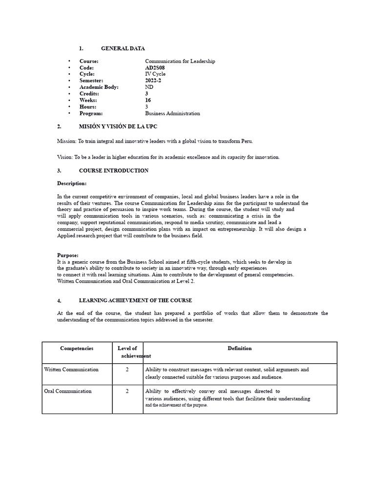 Course Communication For Leadership - Syllabus | PDF | Leadership ...