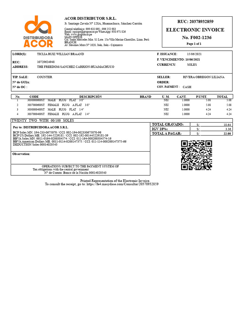 Electronic Invoice: Acor Distributor S.R.L | PDF | Accounting | Payments