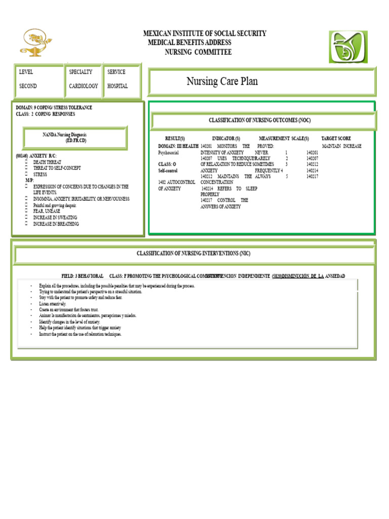 Nursing Care Plan for Anxiety Management | PDF | Anxiety | Nursing