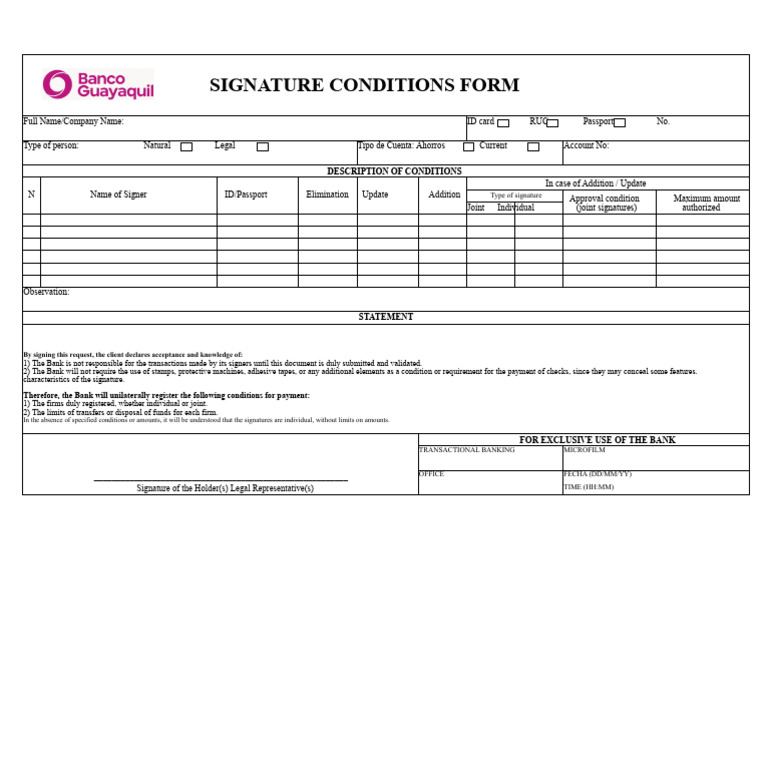Signature Conditions Form | PDF | Signature | Banks