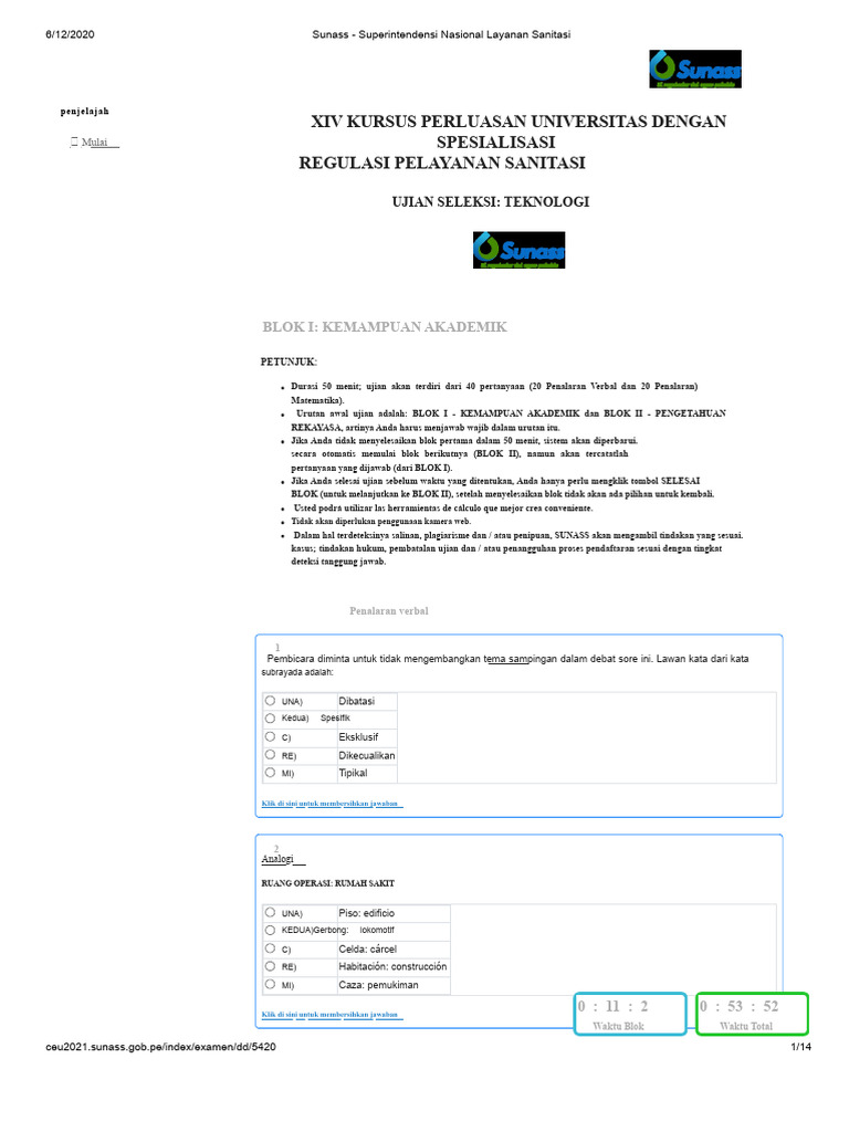 Ujian Seleksi SUNASS: Petunjuk dan Soal | PDF