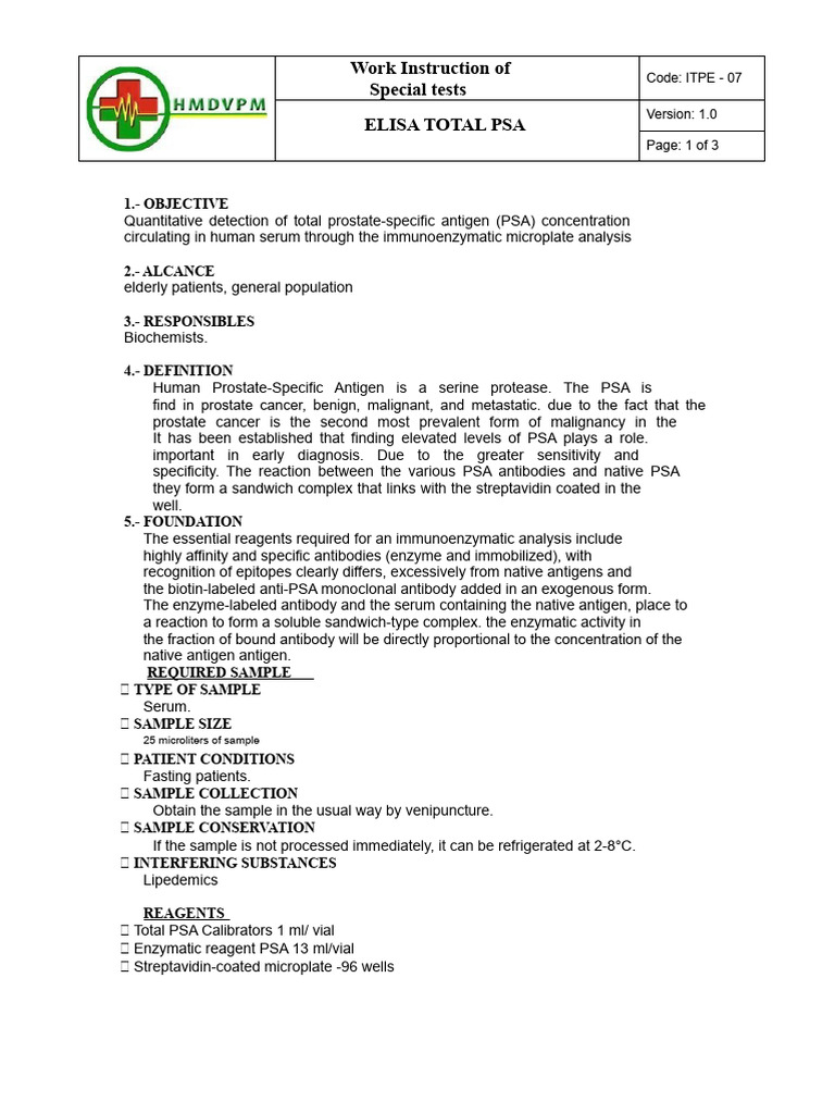 ELISA Total PSA Testing Procedure | PDF | Prostate Specific Antigen | Elisa