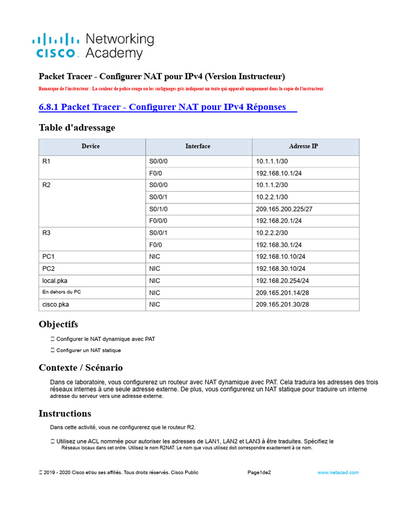 Configurer NAT IPv4 avec Packet Tracer | PDF | Adresse IP | Protocoles ...