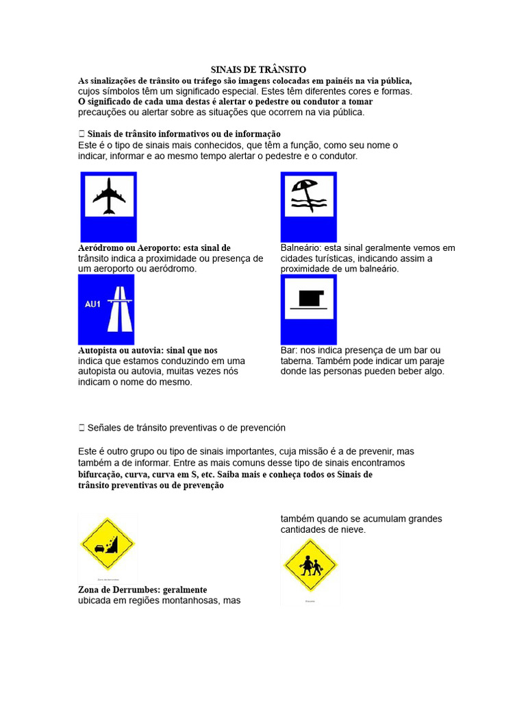 Tipos de Sinais de Trânsito Explicados | PDF | Tráfego | Transporte