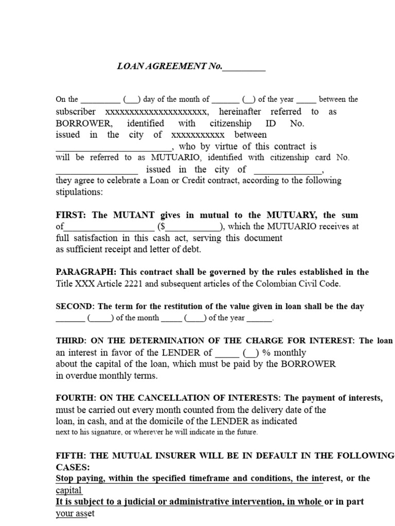 Loan Agreement Template Colombia | PDF | Loans | Interest