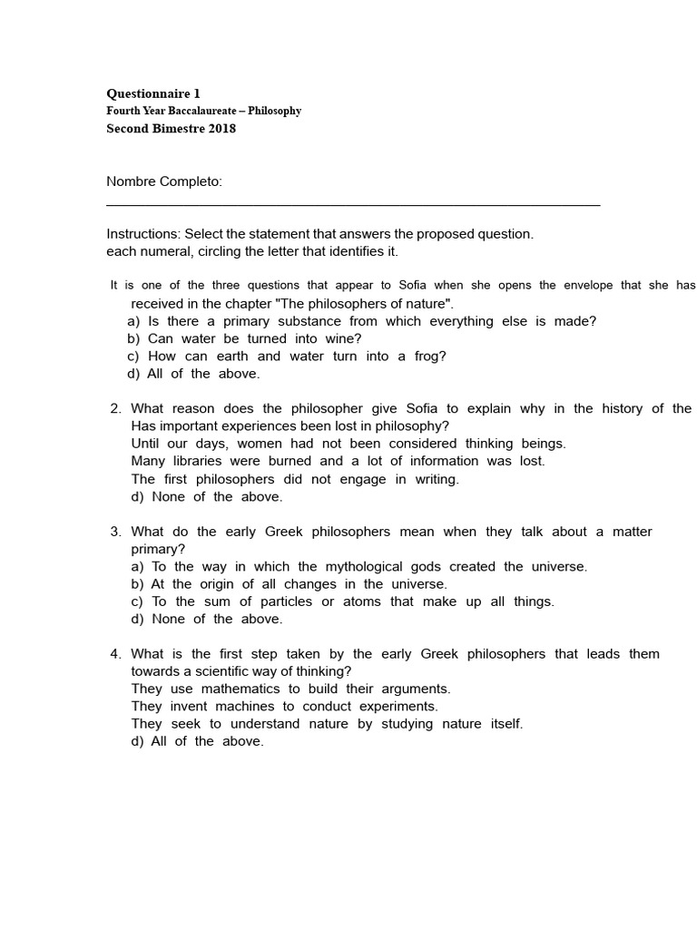 Philosophy Questionnaire for Baccalaureate | PDF