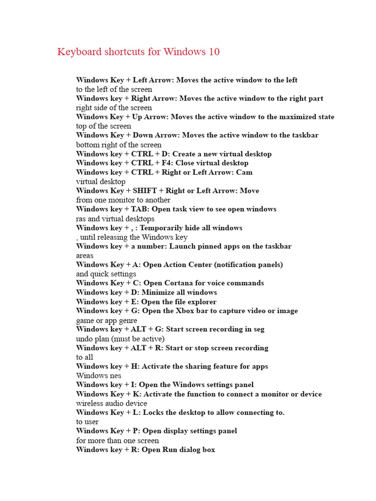 Essential Windows 10 Keyboard Shortcuts | PDF