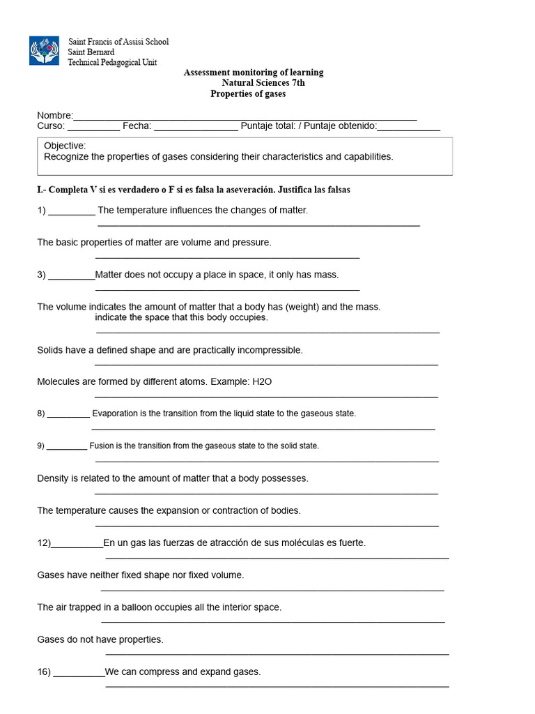 Gas Properties Assessment for 7th Grade | PDF | Gases | Liquids