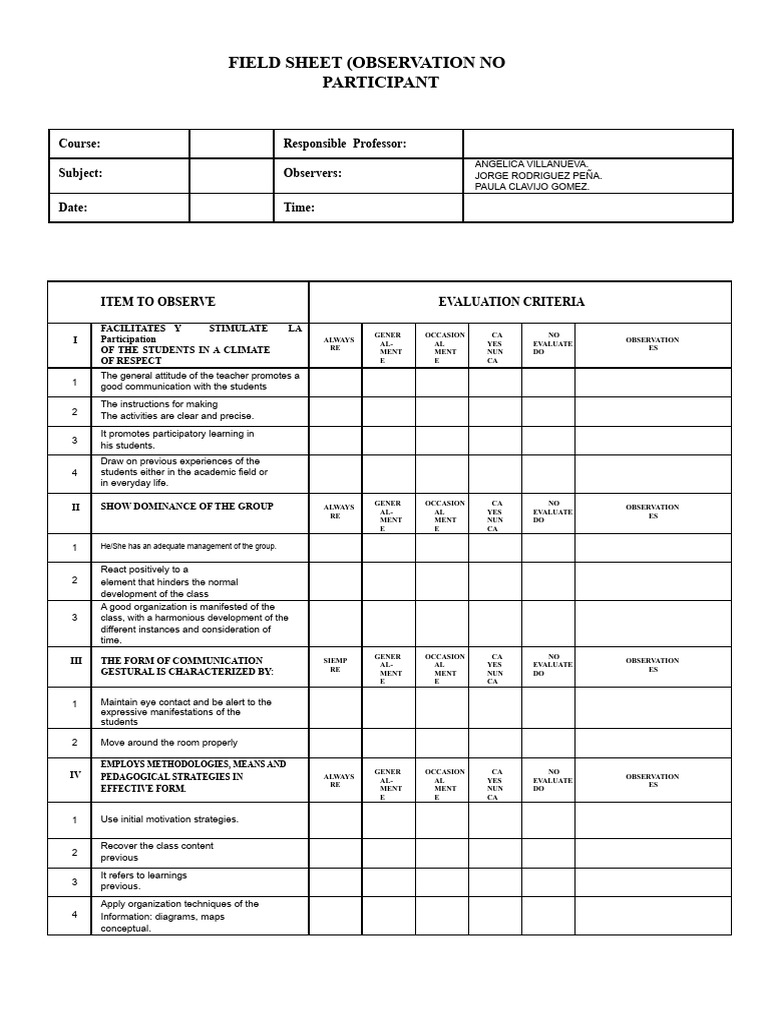 Field Sheet (Observation Instrument) | PDF | Evaluation | Teachers