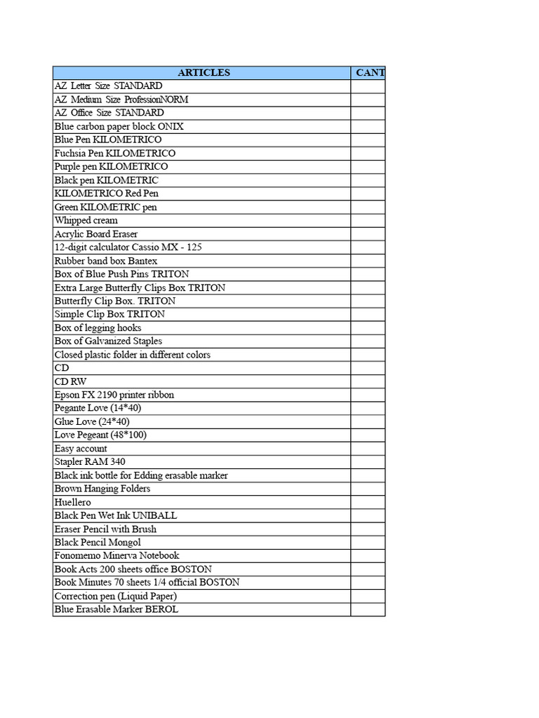 Office Supplies Inventory List | PDF | Pen | Envelope
