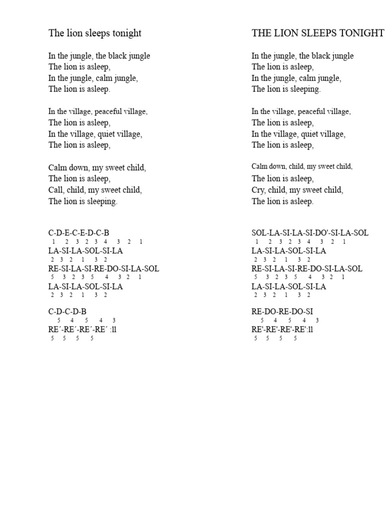 The Lion Sleeps Tonight Lyrics PDF