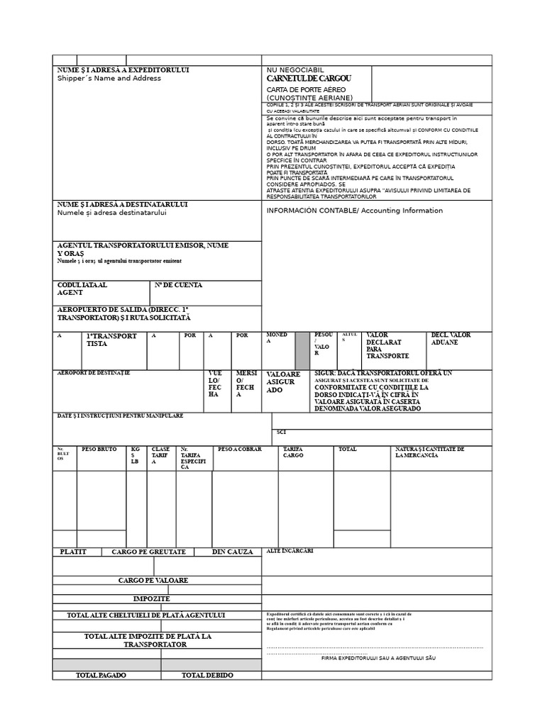 Model de Air Waybill AWB Sau Cunoștință Aeriană | PDF