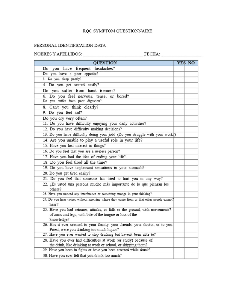 RQ Symptoms Questionnaire | PDF