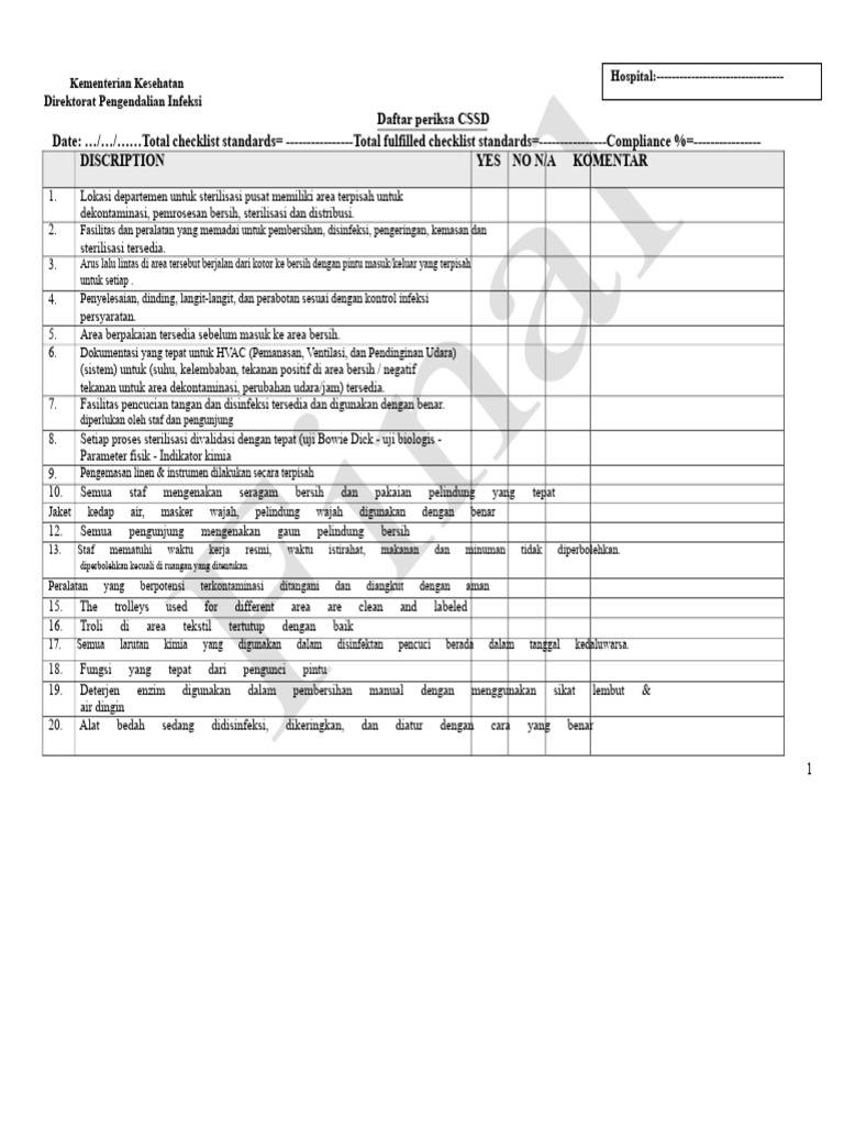 Checklist Sterilisasi CSSD Rumah Sakit | PDF
