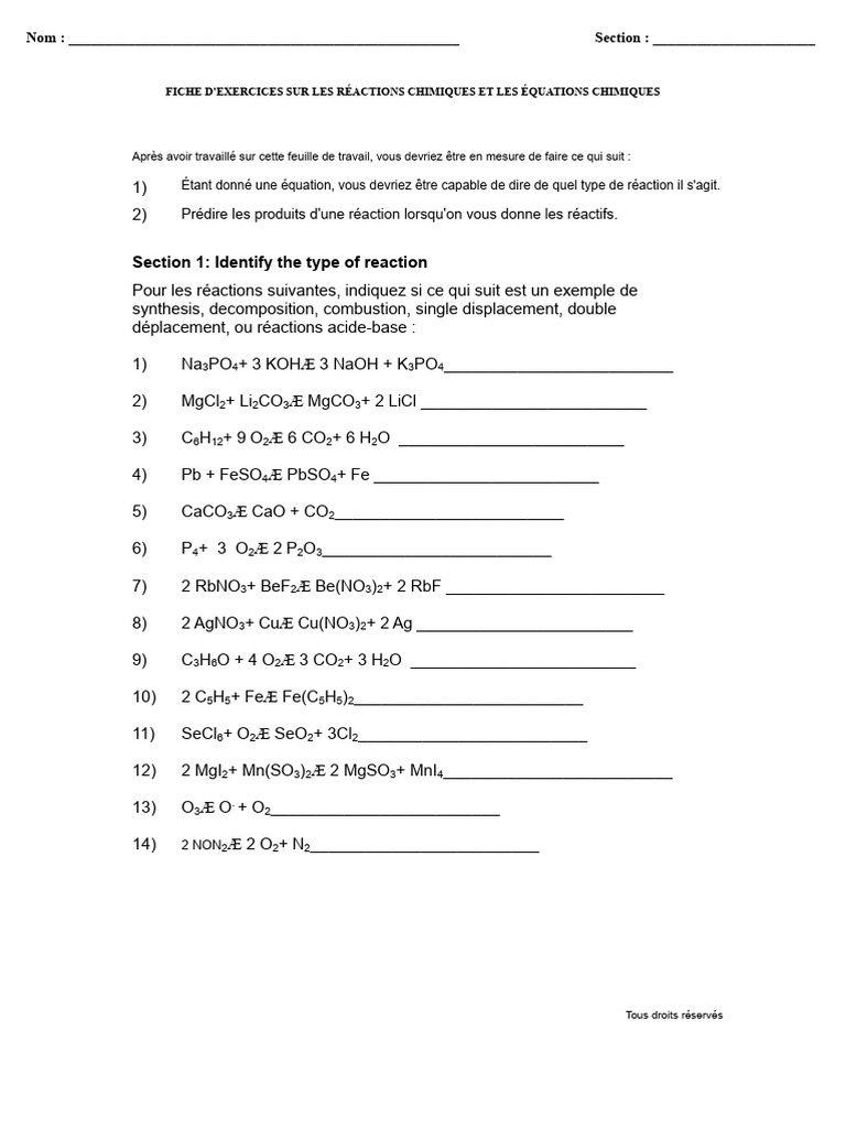 Exercices sur les Réactions Chimiques | PDF | Génie chimique | Éléments ...