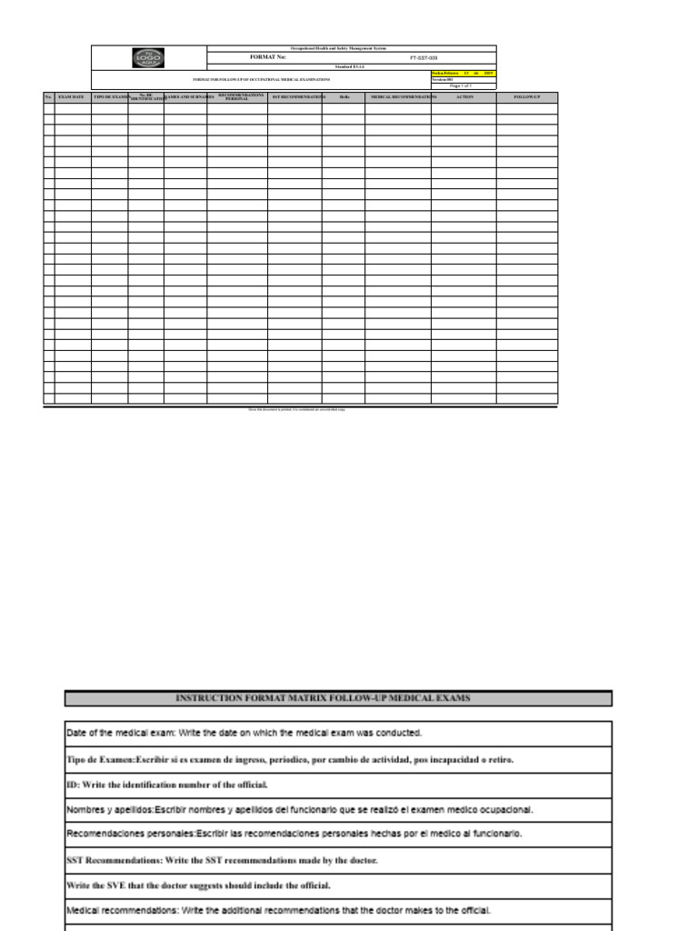 FT-SST-009 Occupational Medical Exams Tracking Format | PDF