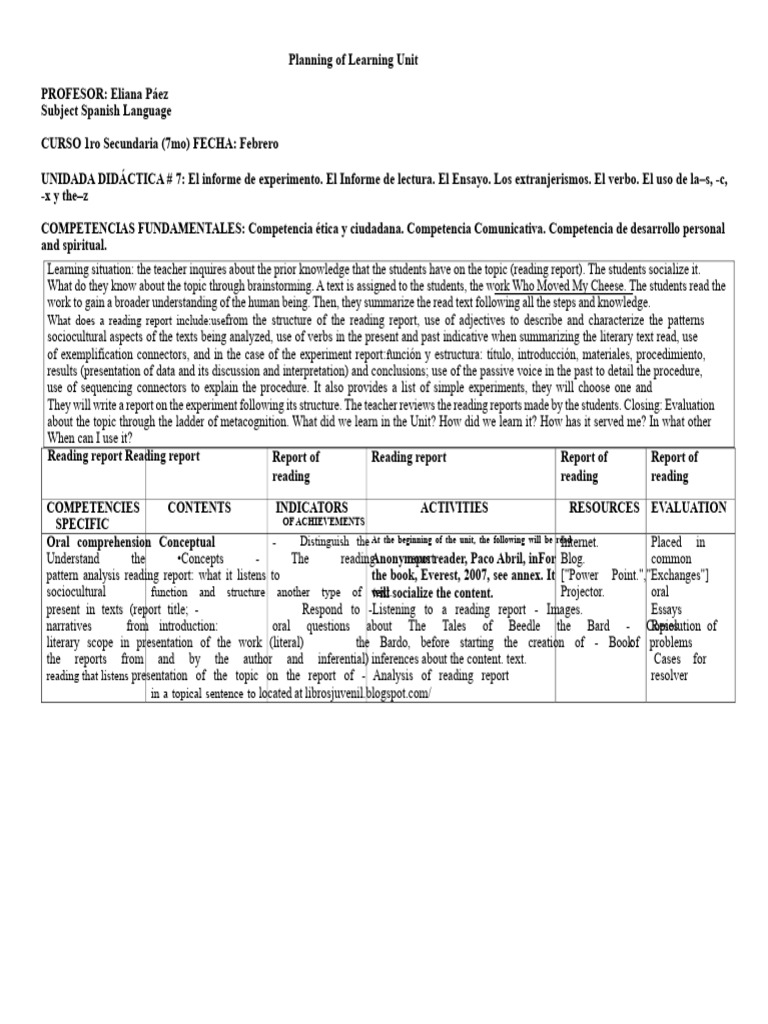 Plan About The Reading Report and Experiment | PDF | Narrative ...