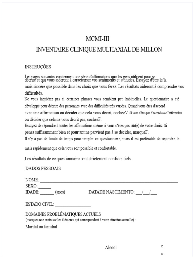 Questionnaire MCMI-III : Évaluation Psychologique | PDF | Émotions ...