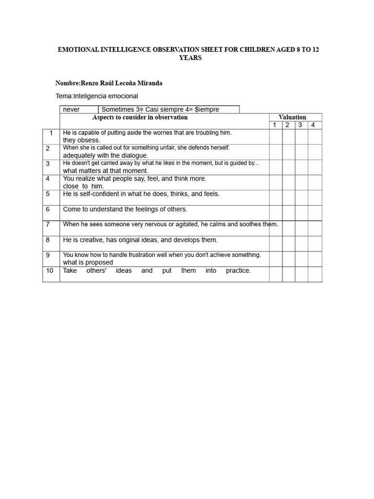 Observation Sheet For Emotional Intelligence in Children Aged 8 To 12 ...