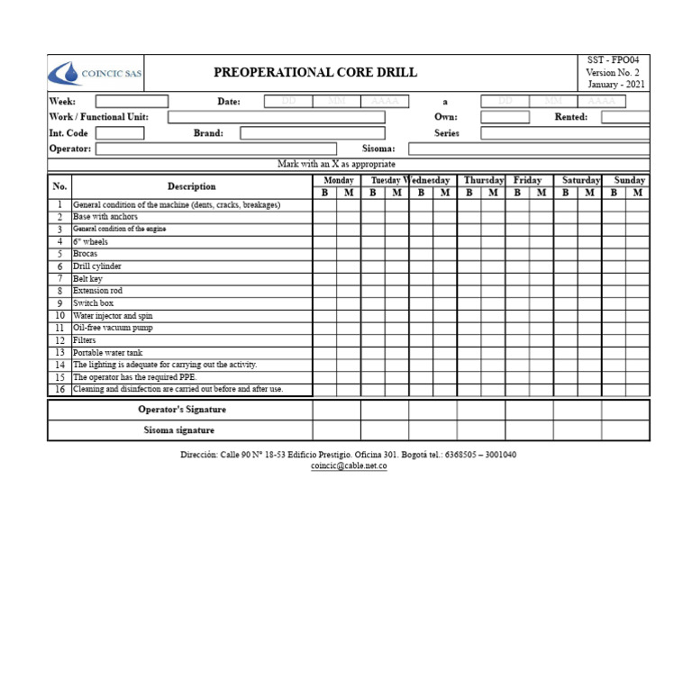 Preoperational Checklist for Core Drill | PDF