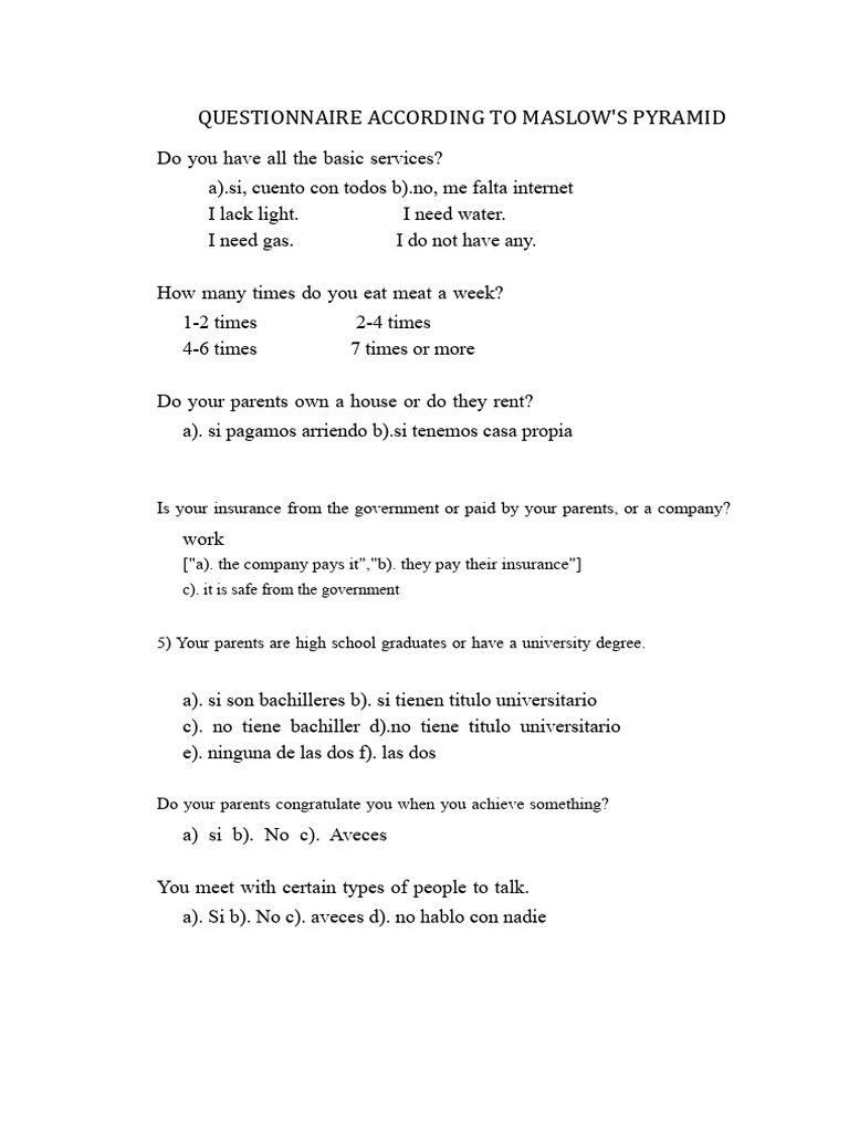 Questionnaire According To Maslow's Pyramid | PDF