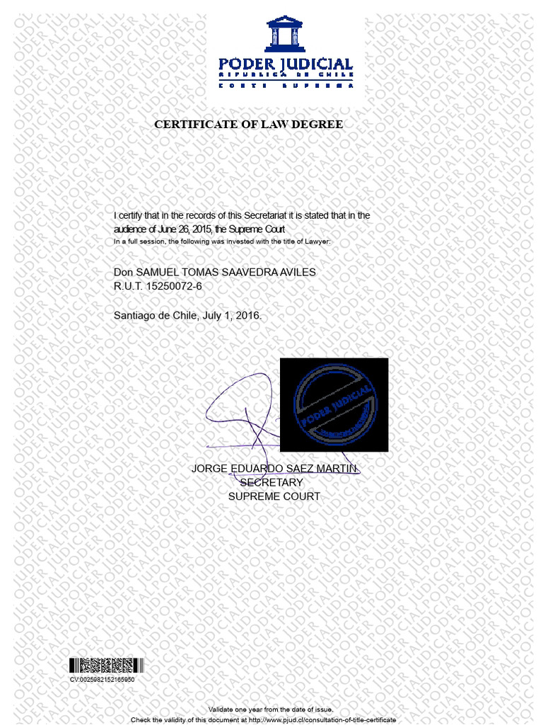 Law Degree Certificate for Samuel Saavedra | PDF