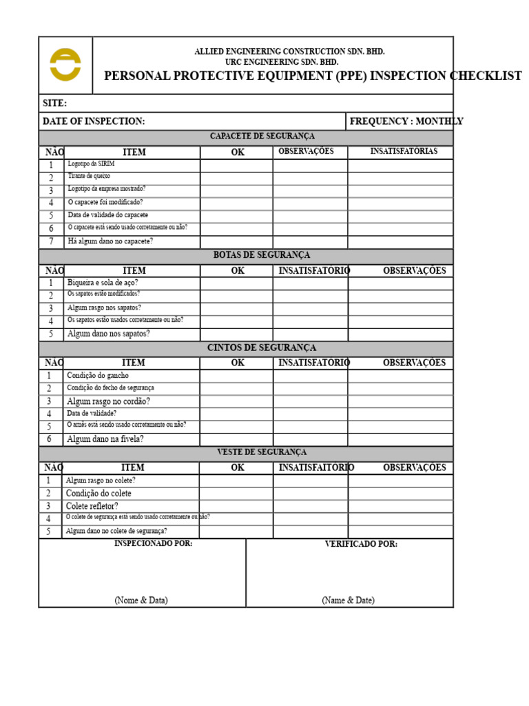 Checklist de Inspeção de EPI Mensal | PDF