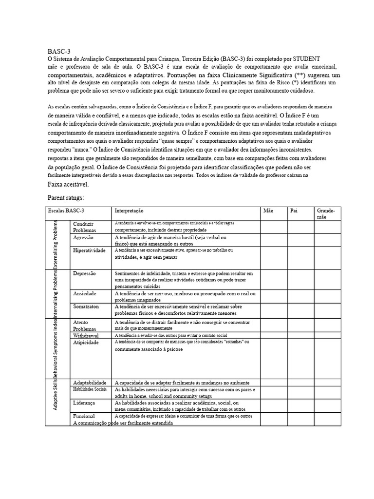 Avaliação Comportamental BASC-3 para Crianças | PDF | Assédio moral ...