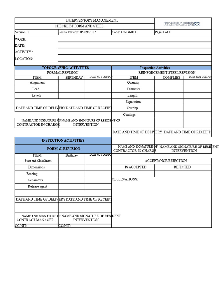 FO-GI-011 Checklist For Formwork and Steel | PDF