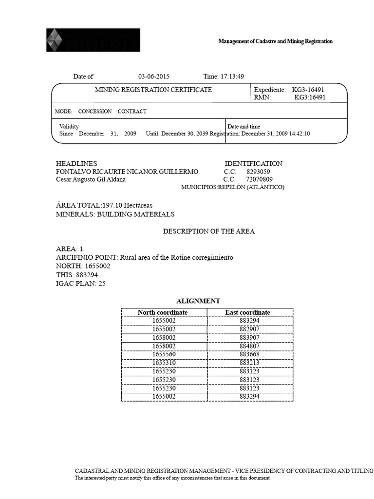 Mining Registration Certificate KG3-16491 | PDF