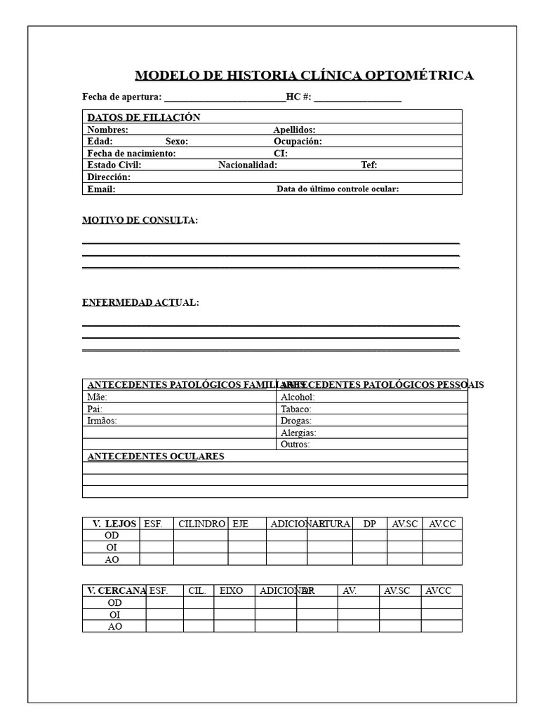 Modelo de Historia Clínica Optométrica | PDF