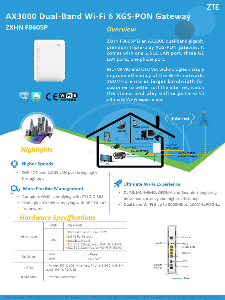AX3000 Wi-Fi 6 XGS-PON Gateway Specs | PDF | Wi Fi | I Pv6