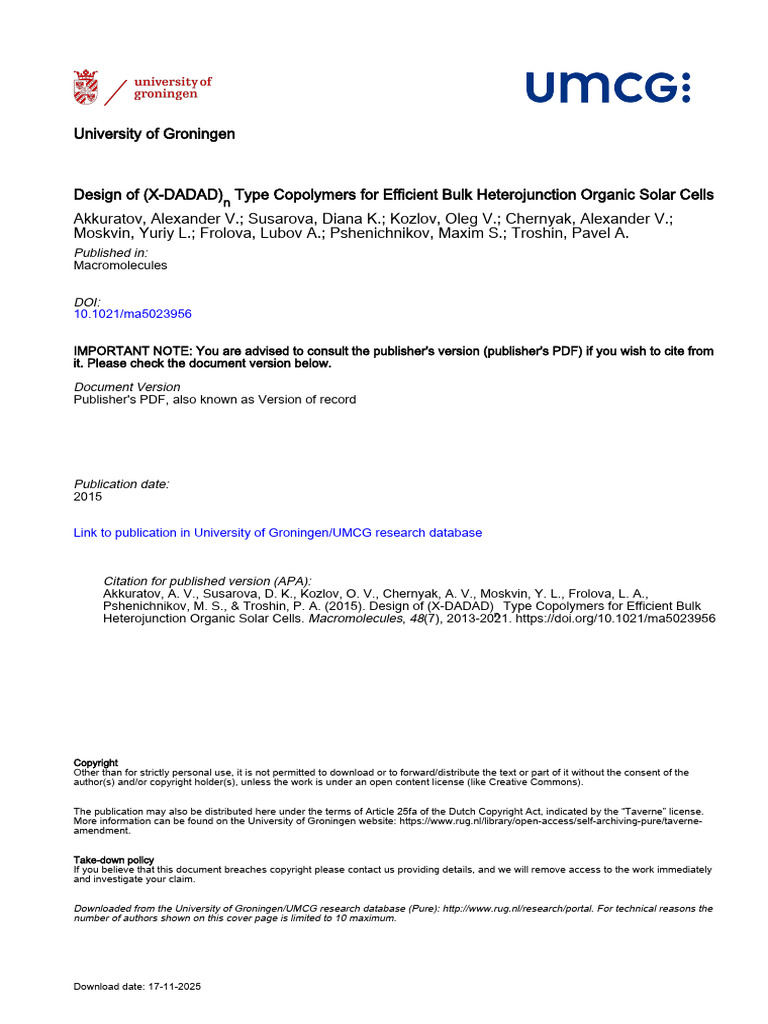 Copolymers for Efficient Organic Solar Cells | PDF | Polymers ...