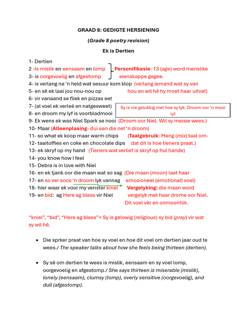 Grade 8 Poetry Additional Revision Notes | PDF