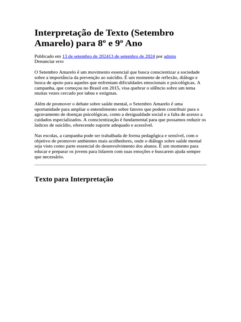 Interpretação: Setembro Amarelo nas Escolas | PDF | Generosidade ...