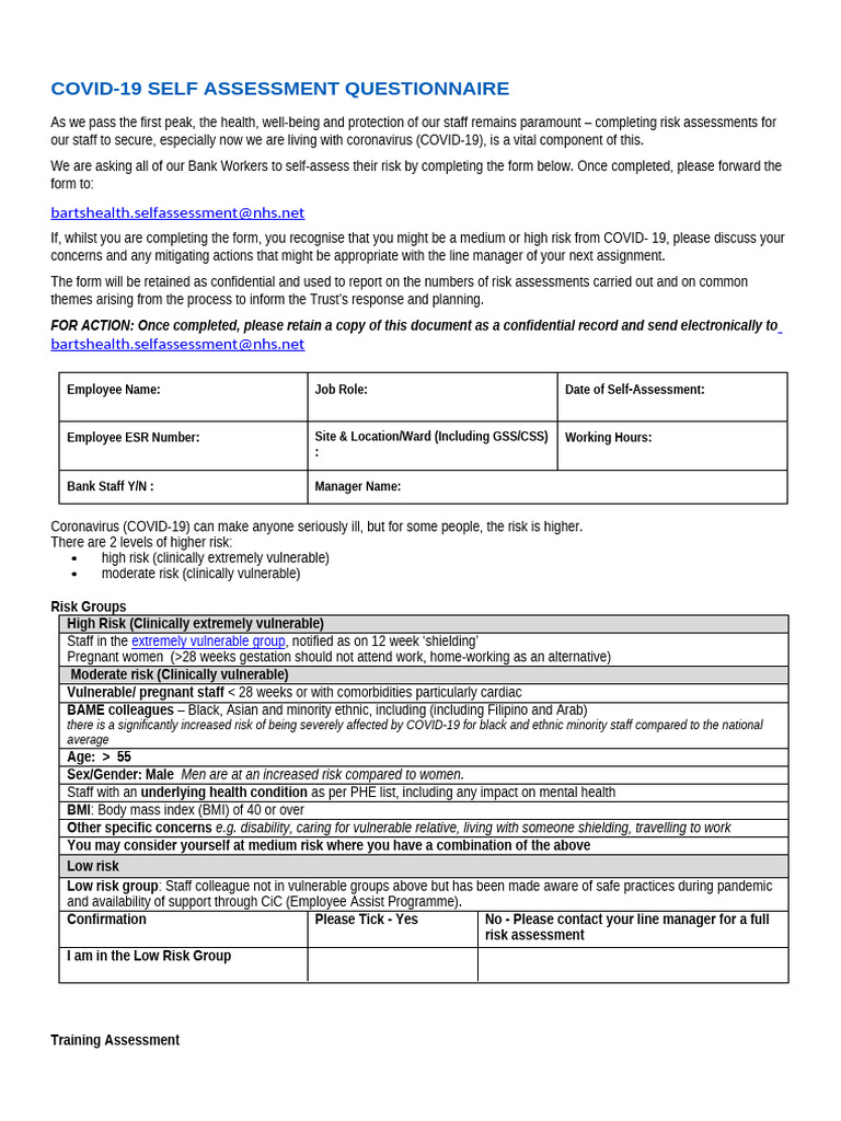 Barts Nhs Trust Risk Assessment Form 2 | PDF | Risk | Personal ...