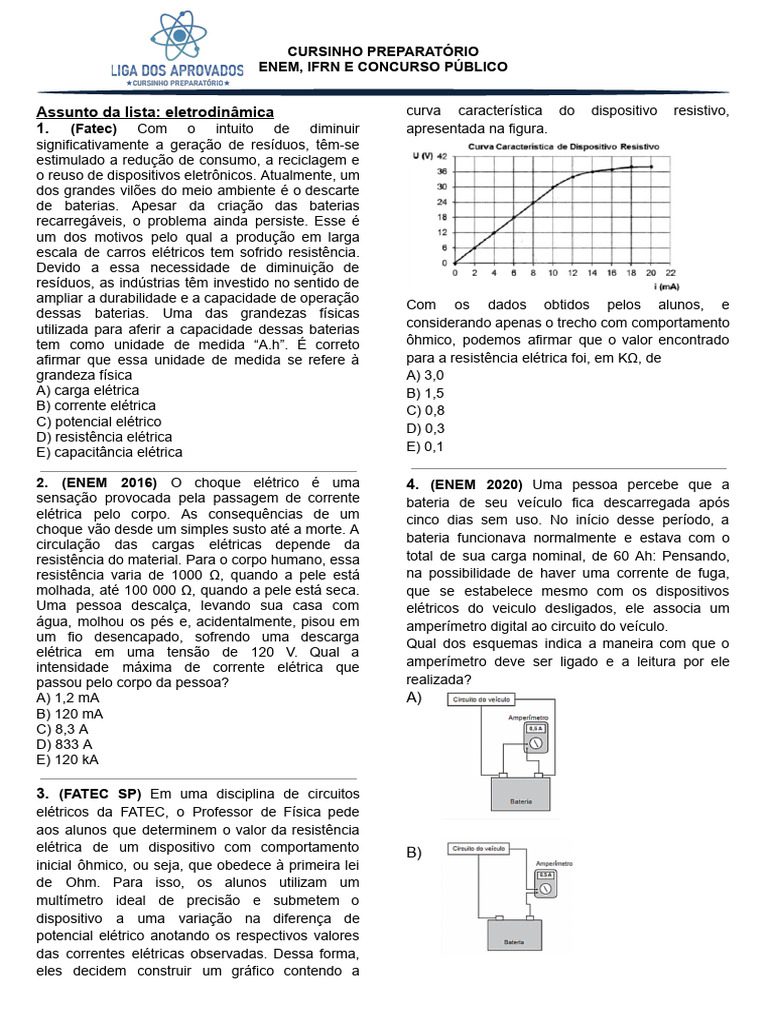 Lista de Questões - Eletrodinâmica (01.10) | PDF | Rede elétrica ...